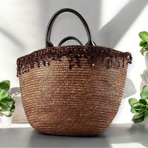 Flora Bella Brown Straw Drawstring Basket Bucket Bag Purse Tote Brown Beading